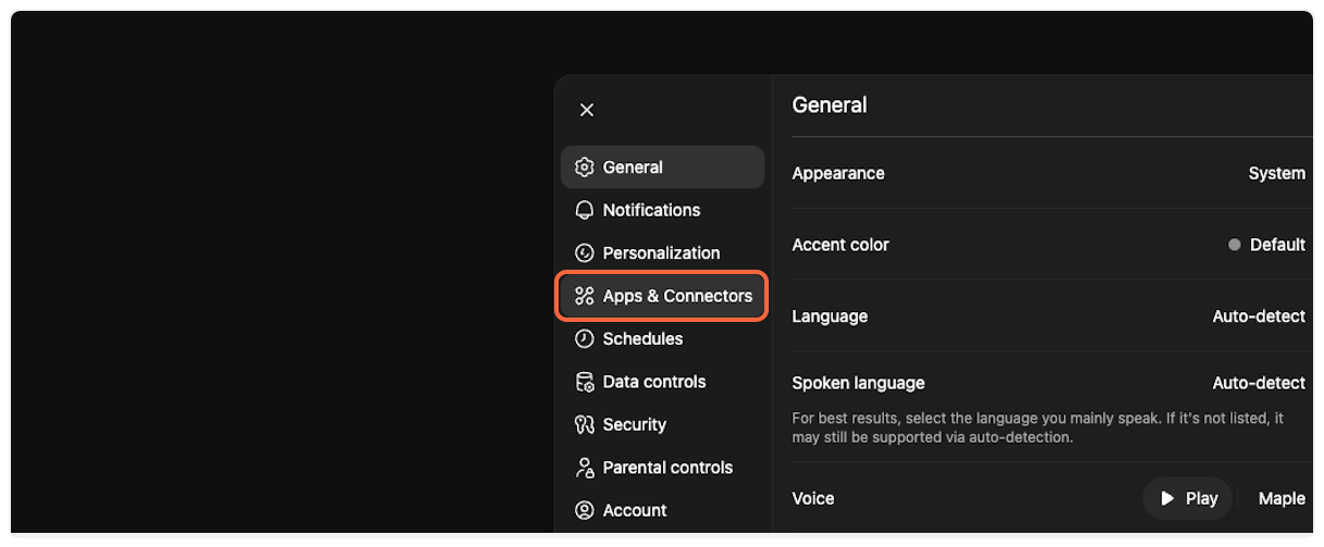 Click on Apps & Connectors in settings - YouTube Transcript MCP configuration