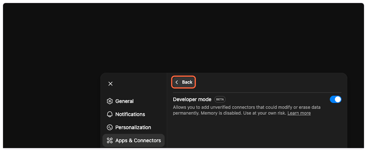 Click on Back to return to Apps & Connectors for YouTube Transcript MCP