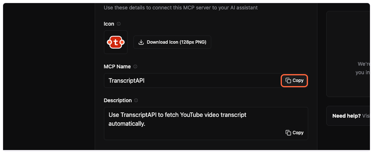 Copy MCP name from TranscriptAPI for YouTube Transcript MCP