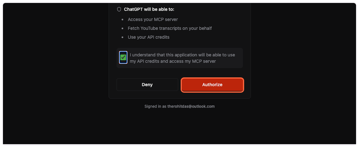 Click on Authorize button for YouTube Transcript MCP