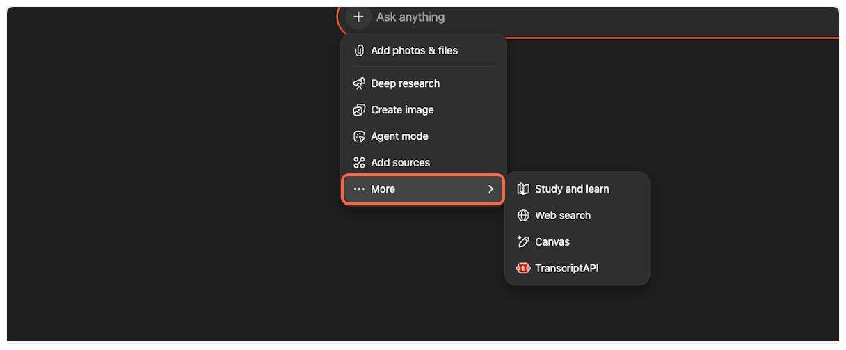 Click on More to see YouTube Transcript MCP tools
