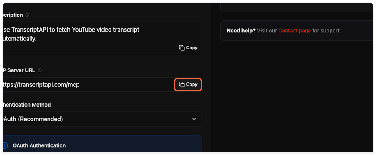 Copy MCP Server URL from TranscriptAPI - YouTube Transcript API