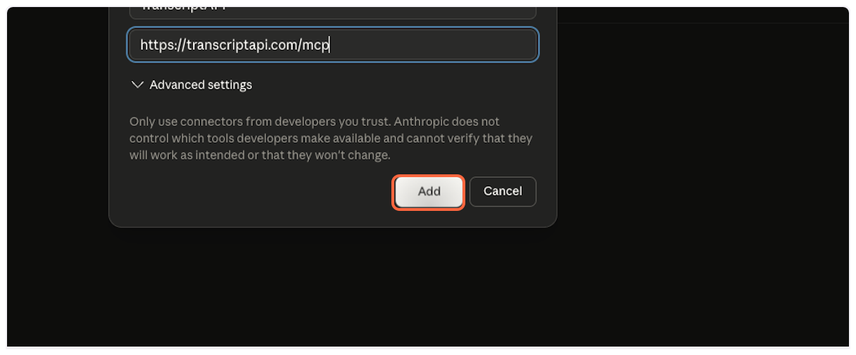 Click Add button to create YouTube Transcript MCP connector