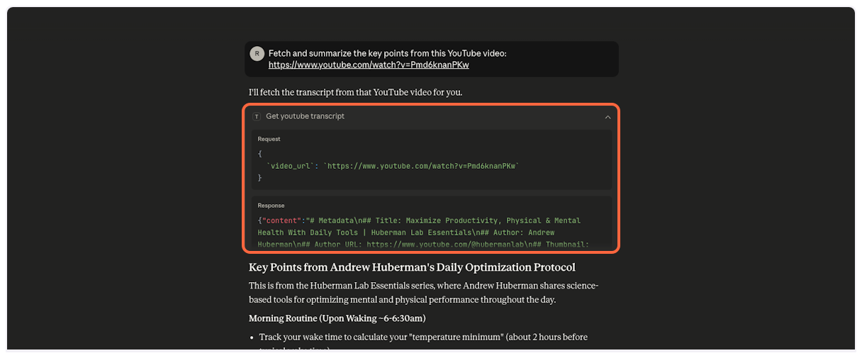 TranscriptAPI tool automatically called - YouTube Transcript MCP