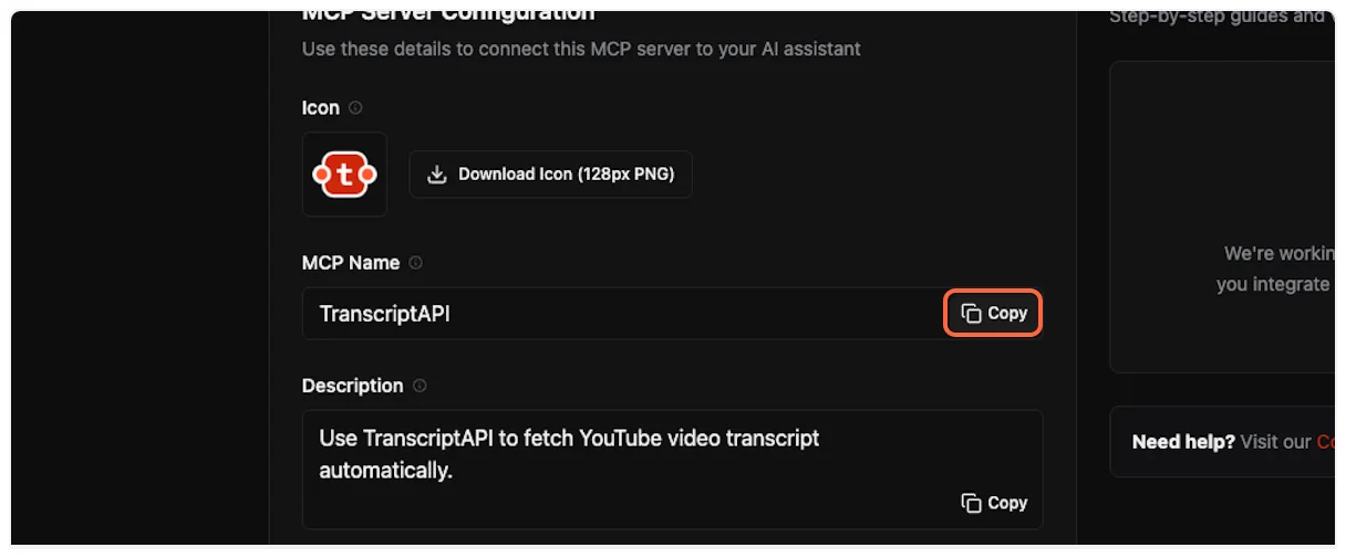 Copy MCP name from TranscriptAPI for YouTube Transcript MCP