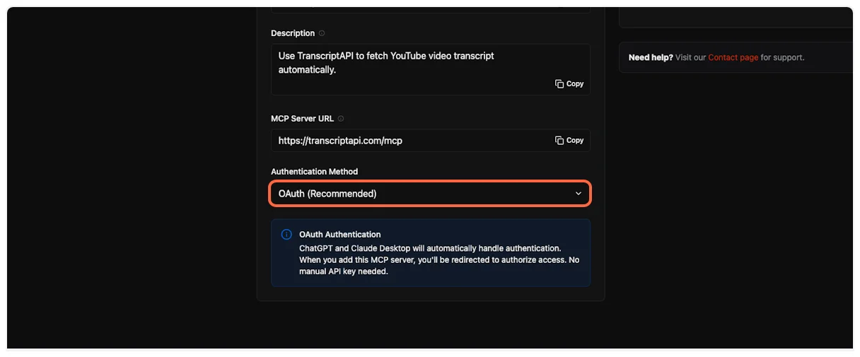 OAuth option shown but not supported by OpenAI Agent Builder for YouTube Transcript MCP