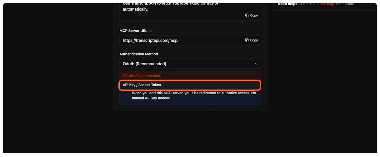 Select API Key authentication for YouTube Transcript MCP in Agent Builder