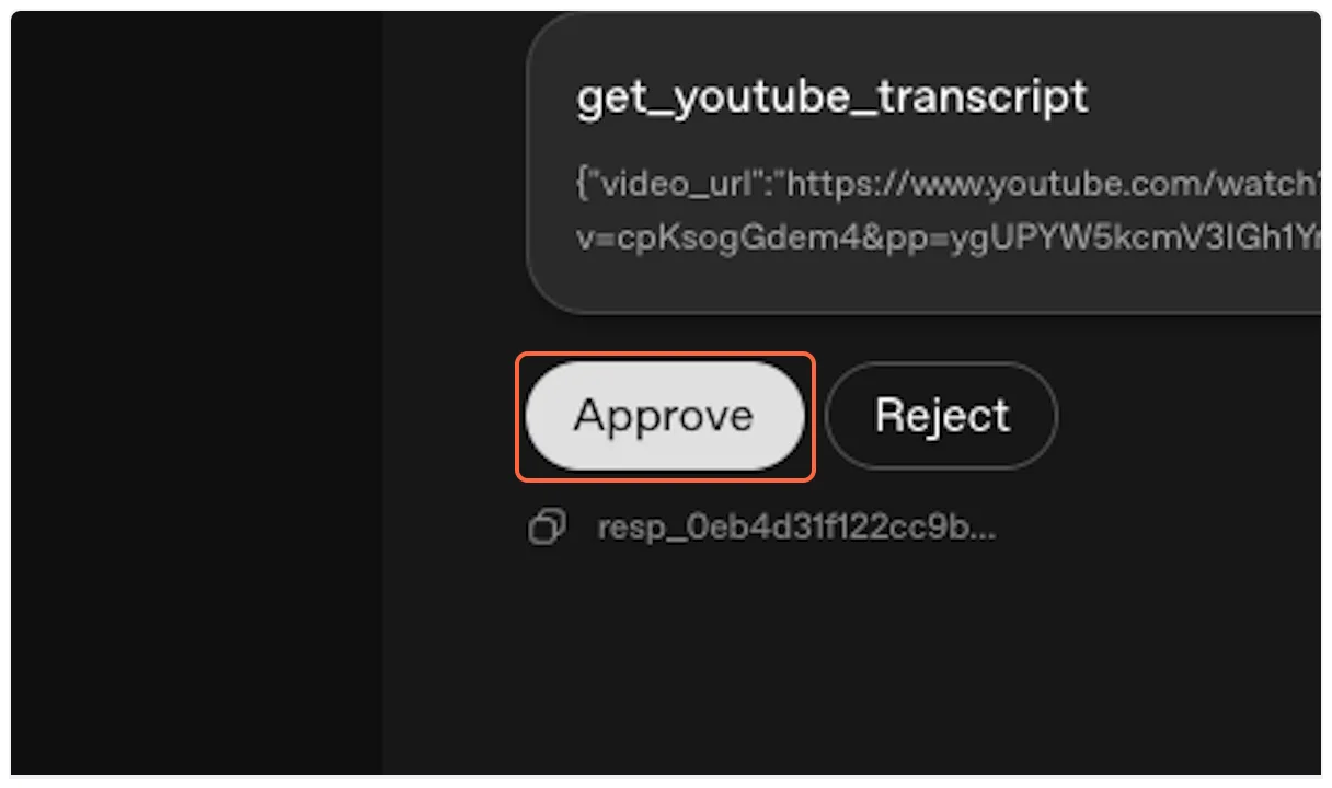 Click Approve to allow YouTube Transcript MCP usage